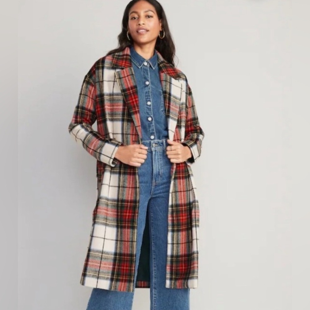 Old Navy Red and White Tartan Plaid Long Coat L